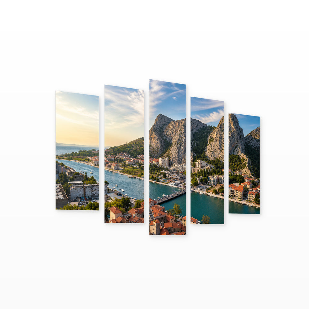 City of Omis, Croatia in Blue and Gold — five-panel wall art on white background in perspective | 5wallart 56091 M1