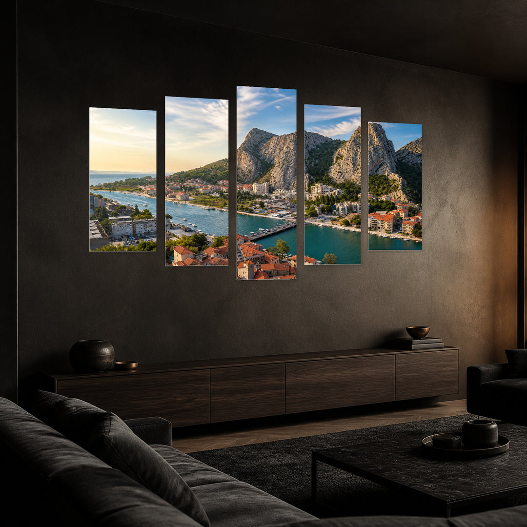 City of Omis, Croatia in Blue and Gold — five-panel wall art in perspective interior | 5wallart 56091 M2