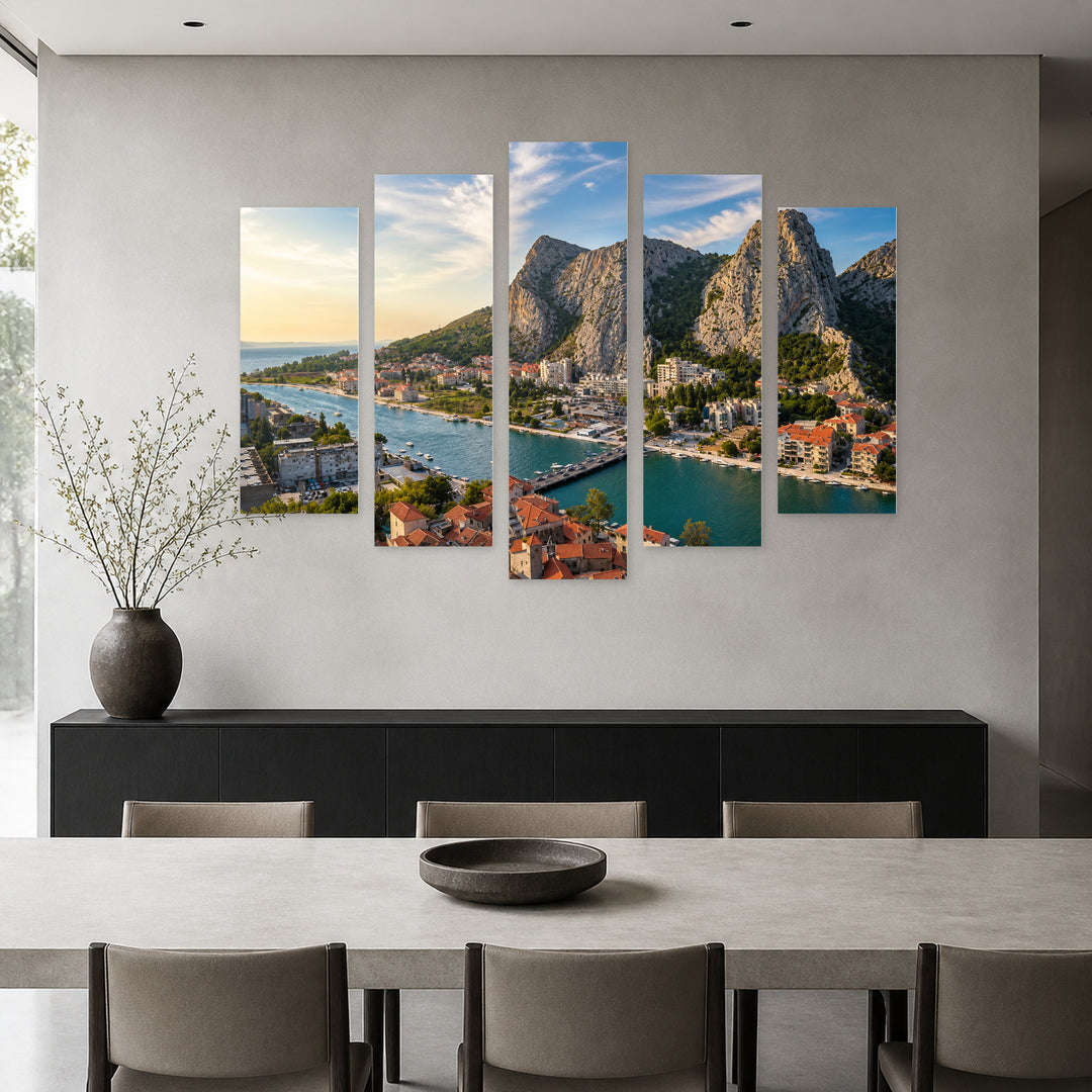 City of Omis, Croatia in Blue and Gold — five-panel wall art in alternate frontal interior | 5wallart 56091 M4