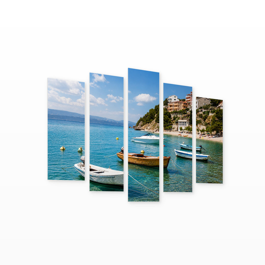 Motorboats in a Bay with Dreamlike Atmosphere — five-panel wall art on white background in perspective | 5wallart 56092 M1