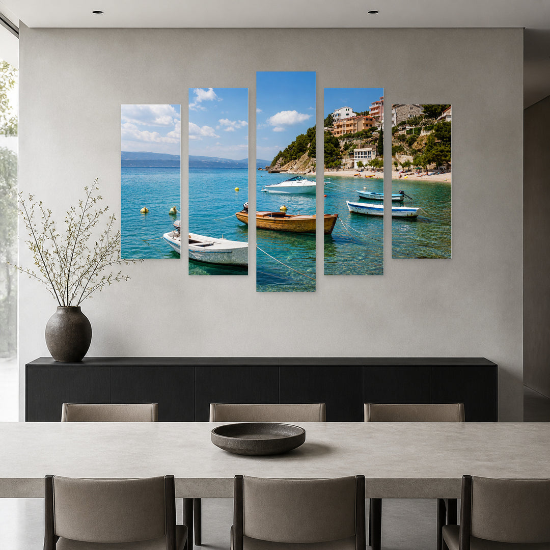 Motorboats in a Bay with Dreamlike Atmosphere — five-panel wall art in frontal interior | 5wallart 56092 M3