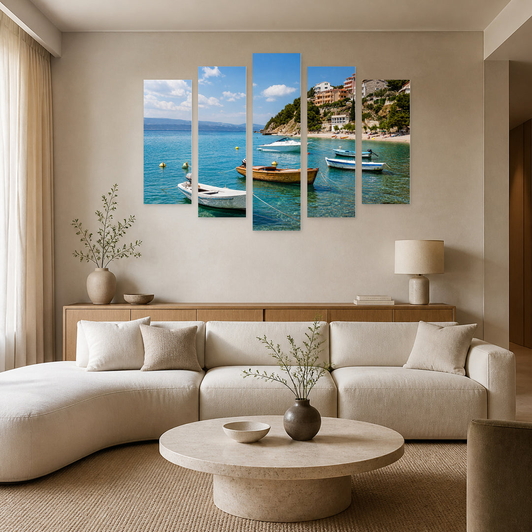Motorboats in a Bay with Dreamlike Atmosphere — five-panel wall art in alternate frontal interior | 5wallart 56092 M4