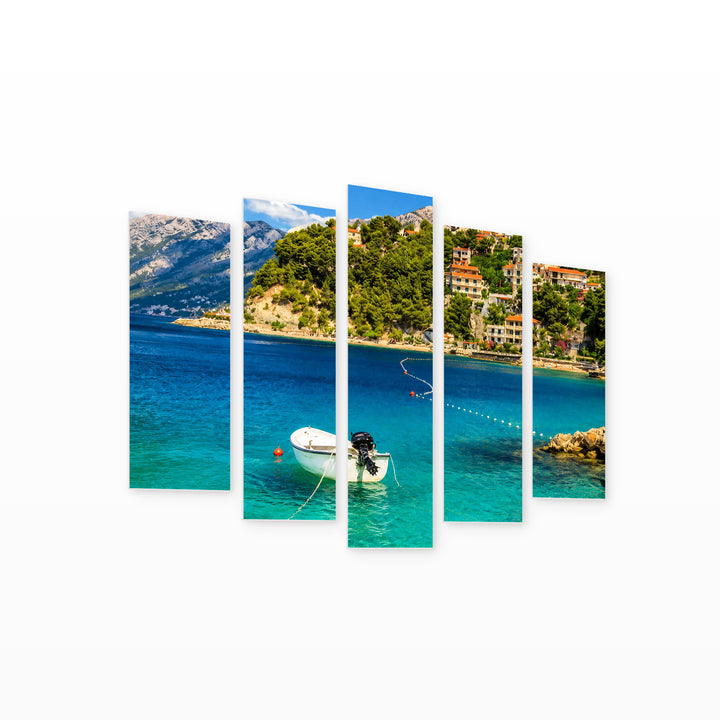 Coastline and Beach with Motorboat in Vivid Color — five-panel wall art on white background in perspective | 5wallart 56093 M1