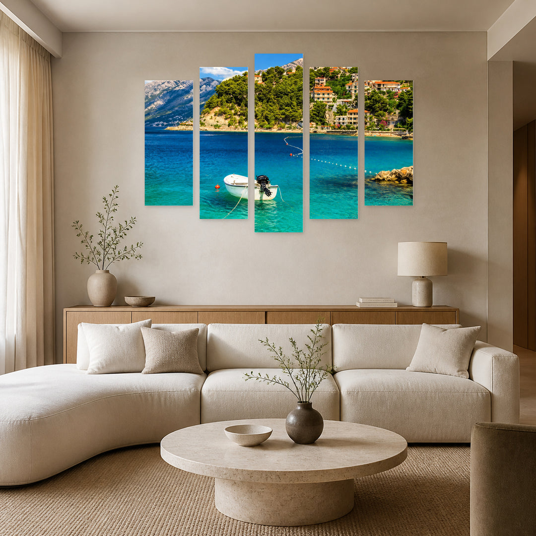 Coastline and Beach with Motorboat in Vivid Color — five-panel wall art in frontal interior | 5wallart 56093 M3