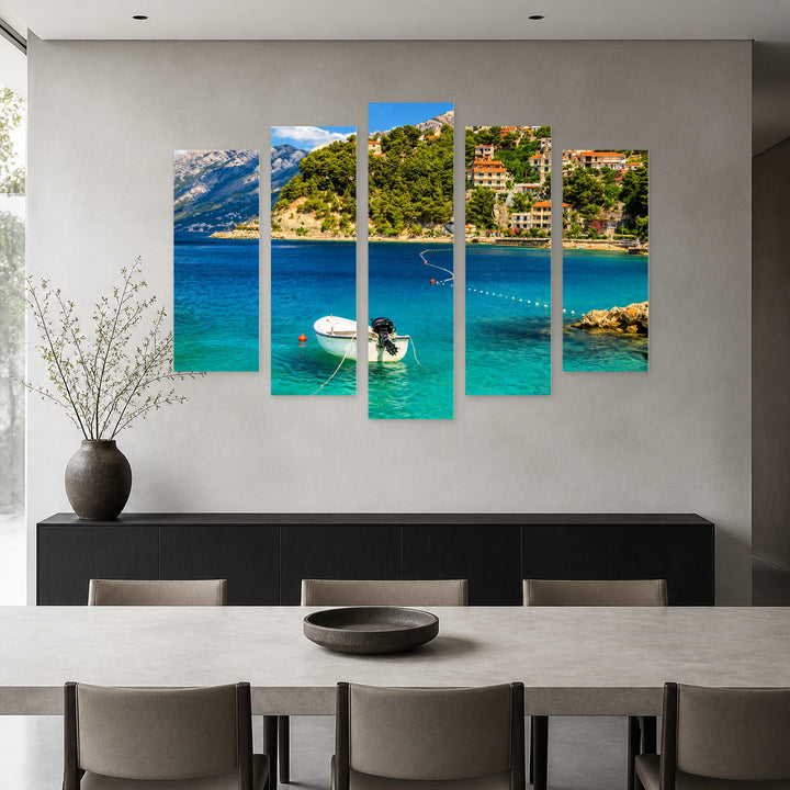 Coastline and Beach with Motorboat in Vivid Color — five-panel wall art in alternate frontal interior | 5wallart 56093 M4