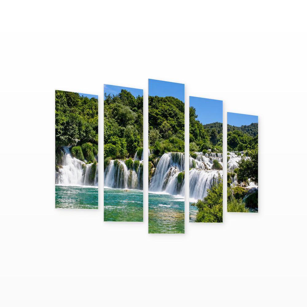 Waterfall in Krka National Park, Croatia Landscape Study — five-panel wall art on white background in perspective | 5wallart 56094 M1