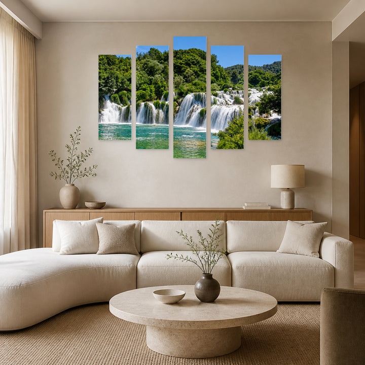 Waterfall in Krka National Park, Croatia Landscape Study — five-panel wall art in alternate frontal interior | 5wallart 56094 M4