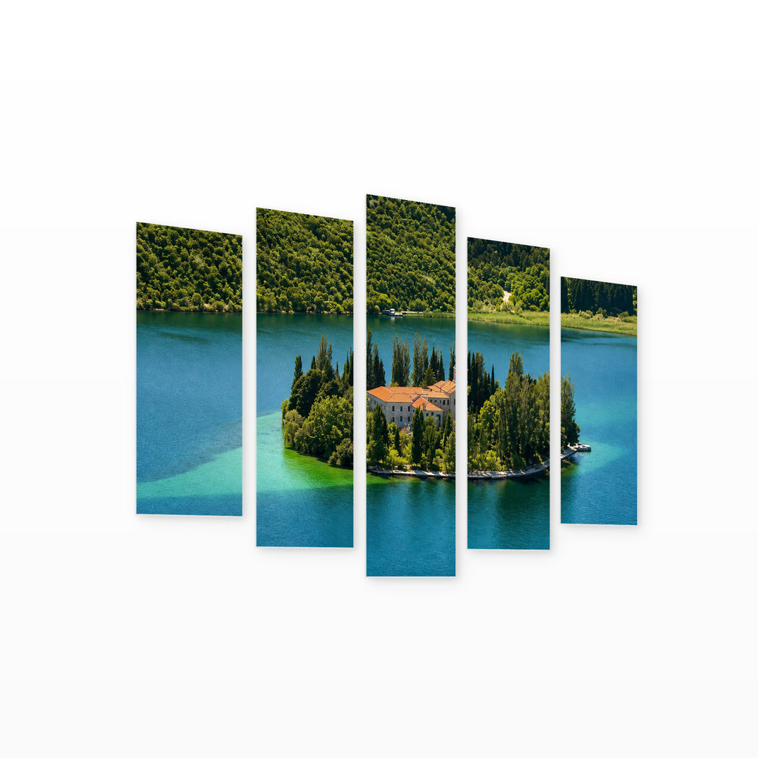 Monastery in Croatia in Serene Light — five-panel wall art on white background in perspective | 5wallart 56095 M1