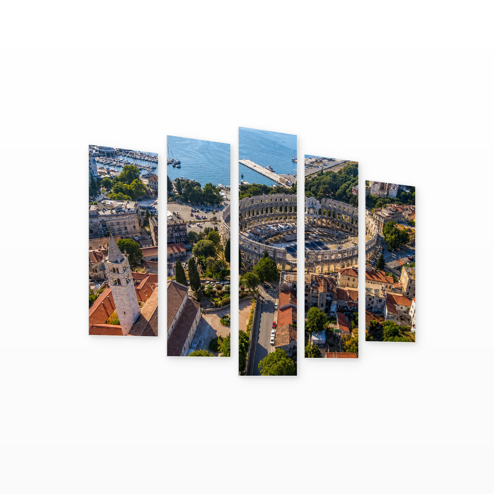 Arena in Pula with Geometric Rhythm — five-panel wall art on white background in perspective | 5wallart 56096 M1