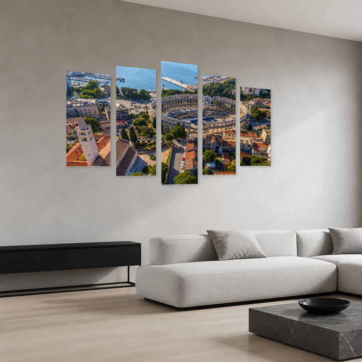 Arena in Pula with Geometric Rhythm — five-panel wall art in perspective interior | 5wallart 56096 M2