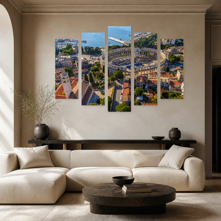 Arena in Pula with Geometric Rhythm — five-panel wall art in alternate frontal interior | 5wallart 56096 M4