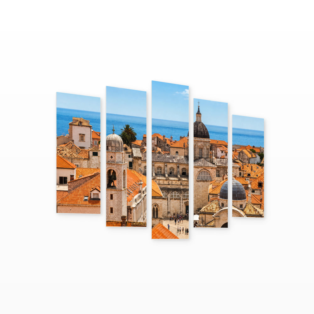 Panorama of Dubrovnik in Blue and Gold — five-panel wall art on white background in perspective | 5wallart 56097 M1