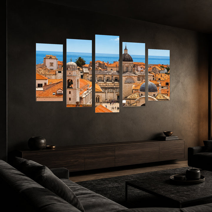 Panorama of Dubrovnik in Blue and Gold — five-panel wall art in perspective interior | 5wallart 56097 M2