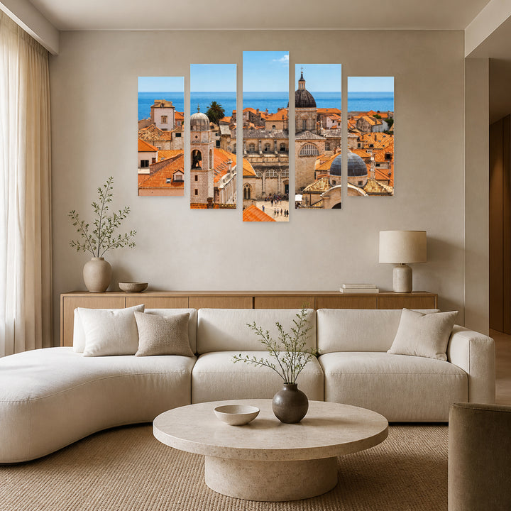 Panorama of Dubrovnik in Blue and Gold — five-panel wall art in frontal interior | 5wallart 56097 M3