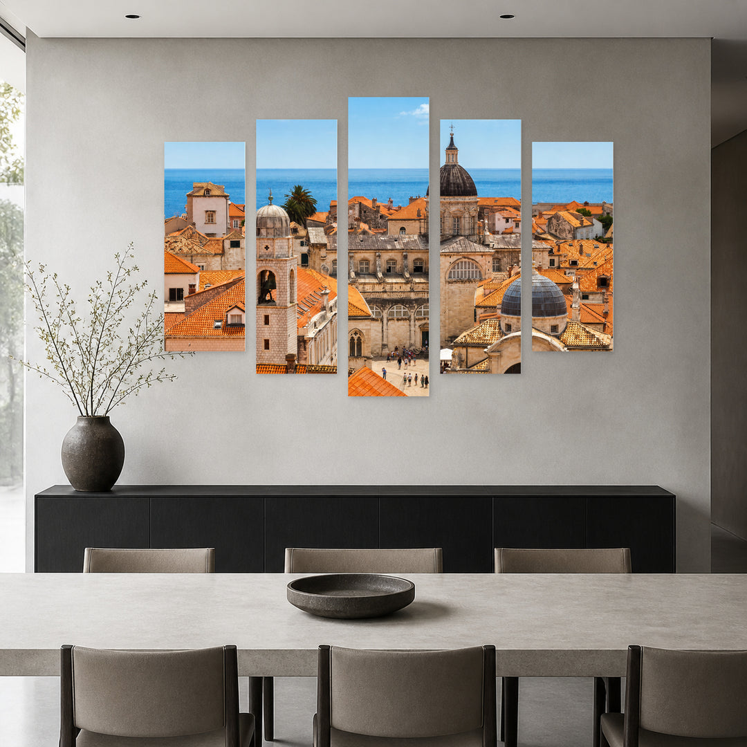 Panorama of Dubrovnik in Blue and Gold — five-panel wall art in alternate frontal interior | 5wallart 56097 M4