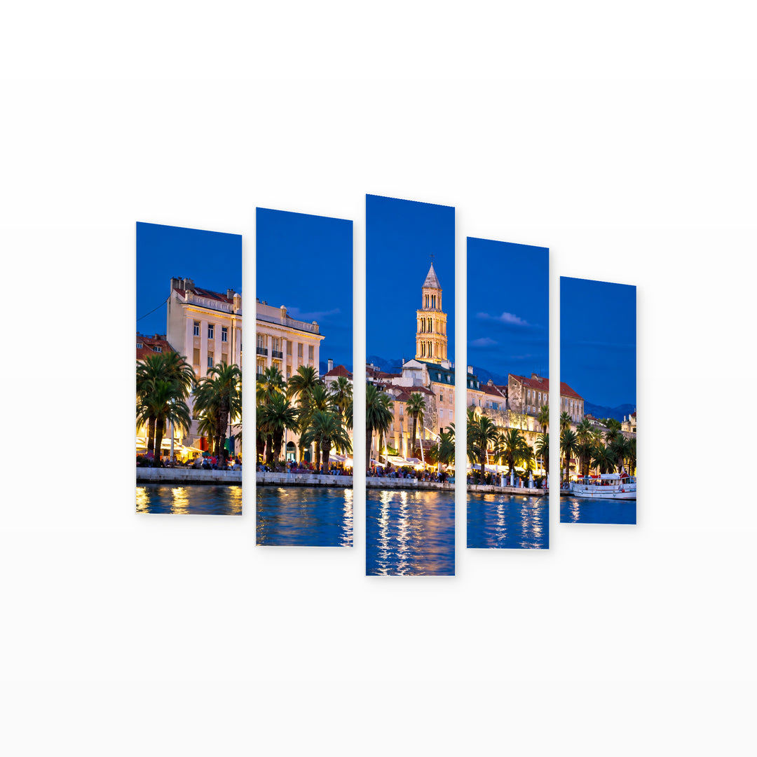 Colorful Evening View of the Coast Coastal Panorama — five-panel wall art on white background in perspective | 5wallart 56098 M1