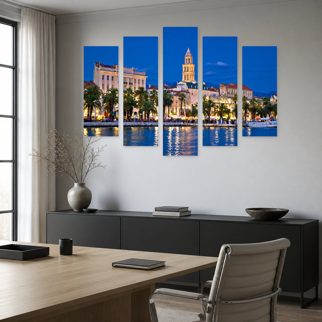 Colorful Evening View of the Coast Coastal Panorama — five-panel wall art in frontal interior | 5wallart 56098 M3