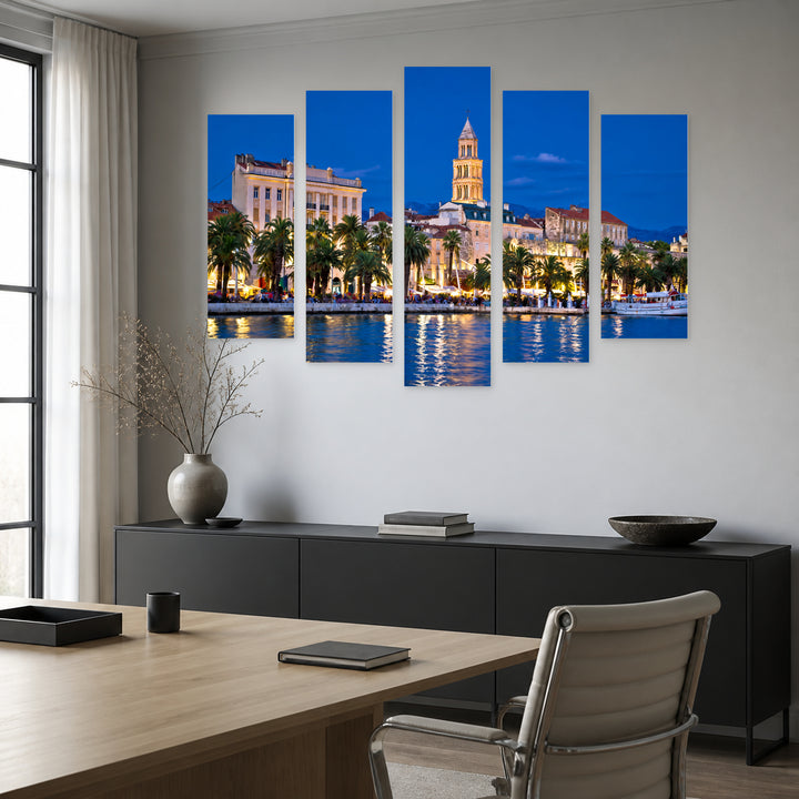 Colorful Evening View of the Coast Coastal Panorama — five-panel wall art in frontal interior | 5wallart 56098 M3