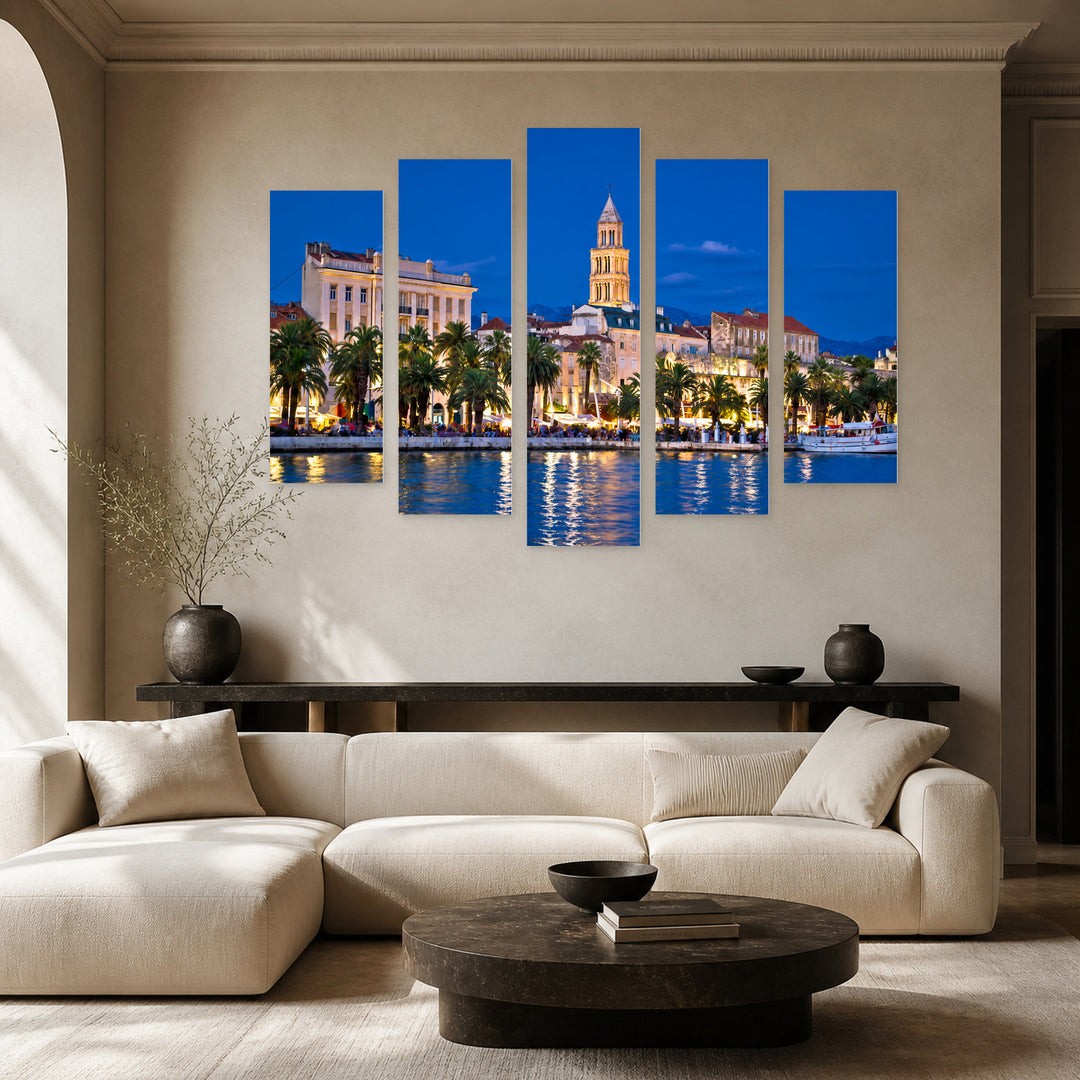 Colorful Evening View of the Coast Coastal Panorama — five-panel wall art in alternate frontal interior | 5wallart 56098 M4