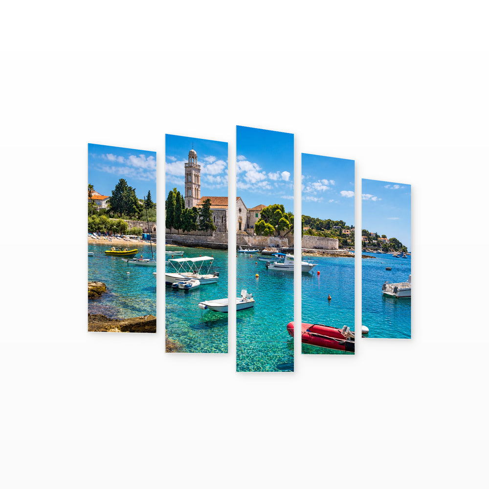 Turquoise Sea on Hvar Island in Serene Light — five-panel wall art on white background in perspective | 5wallart 56099 M1