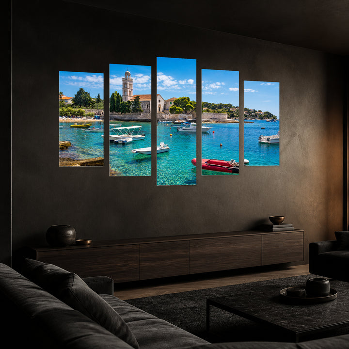 Turquoise Sea on Hvar Island in Serene Light — five-panel wall art in perspective interior | 5wallart 56099 M2
