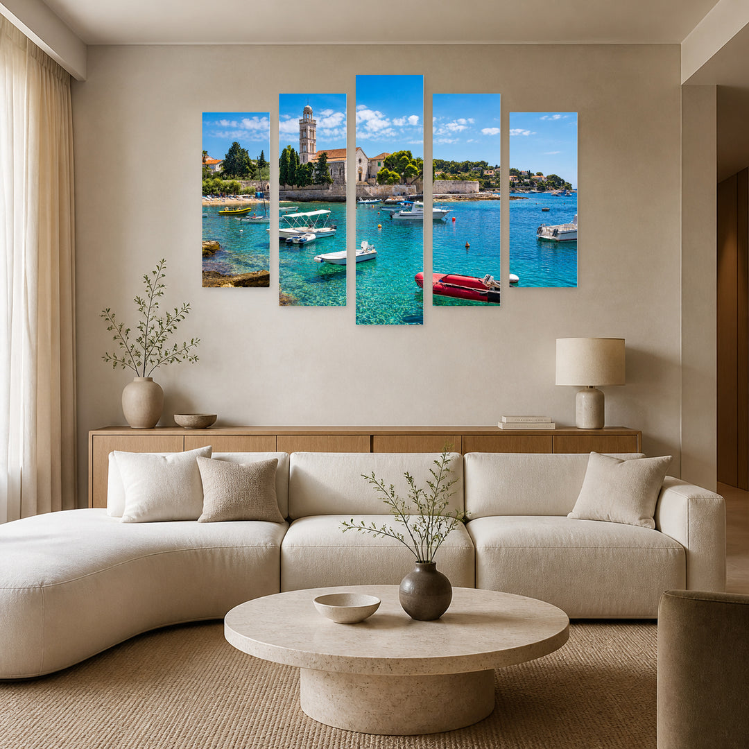 Turquoise Sea on Hvar Island in Serene Light — five-panel wall art in frontal interior | 5wallart 56099 M3