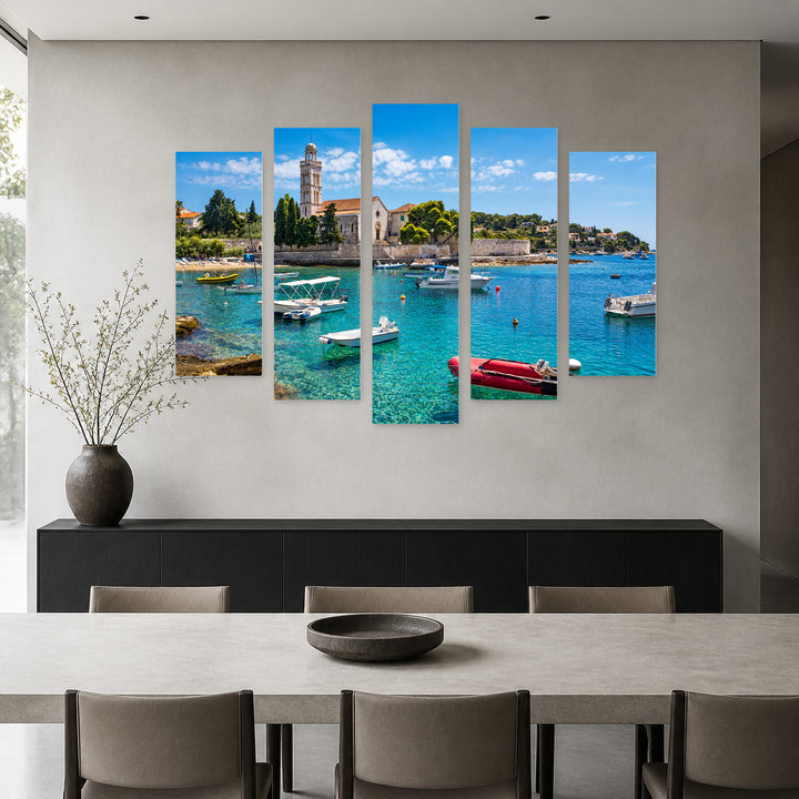 Turquoise Sea on Hvar Island in Serene Light — five-panel wall art in alternate frontal interior | 5wallart 56099 M4