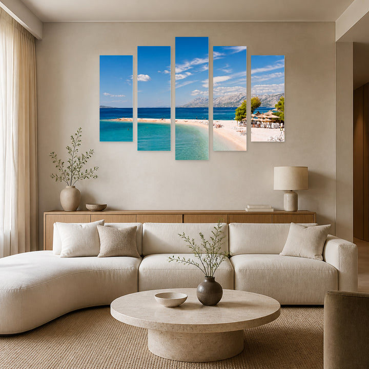 Beach in Makarska in Serene Light — five-panel wall art in alternate frontal interior | 5wallart 56100 M4