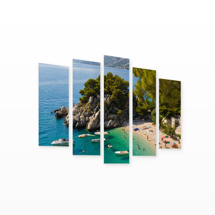 Beach in Brela, Croatia in Serene Light — five-panel wall art on white background in perspective | 5wallart 56101 M1