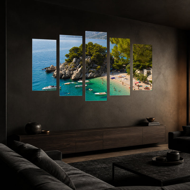 Beach in Brela, Croatia in Serene Light — five-panel wall art in perspective interior | 5wallart 56101 M2