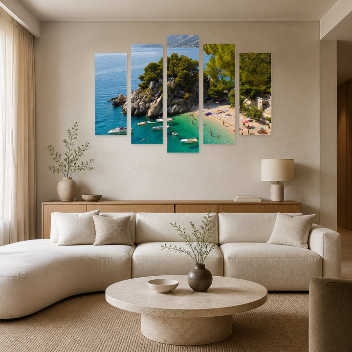 Beach in Brela, Croatia in Serene Light — five-panel wall art in frontal interior | 5wallart 56101 M3
