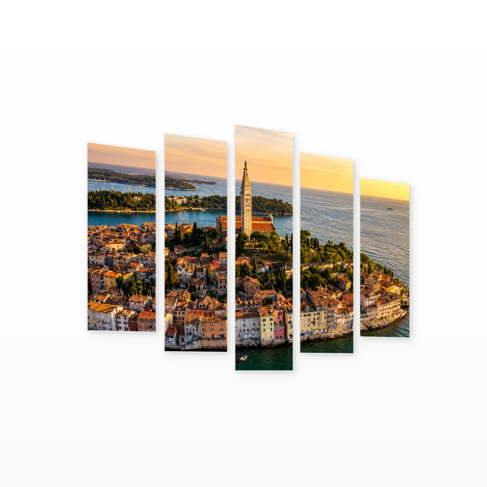 Rovinj, Croatia at Golden Sunset — five-panel wall art on white background in perspective | 5wallart 56102 M1