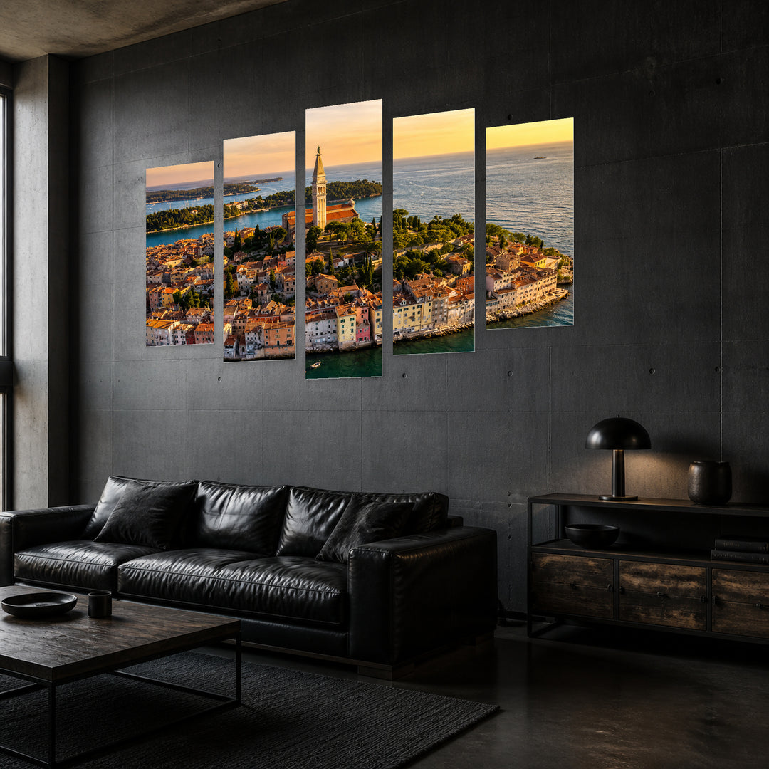 Rovinj, Croatia at Golden Sunset — five-panel wall art in perspective interior | 5wallart 56102 M2