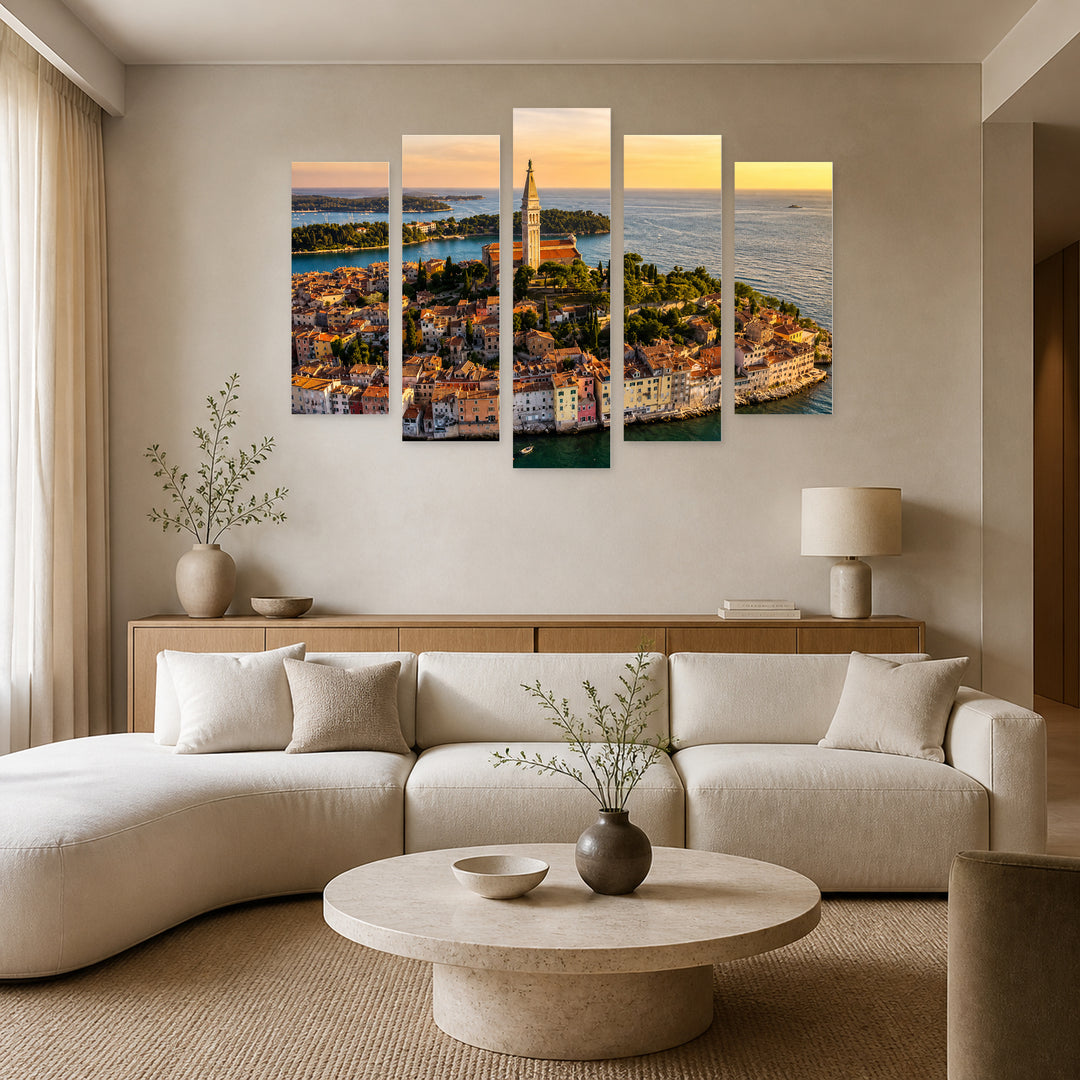 Rovinj, Croatia at Golden Sunset — five-panel wall art in alternate frontal interior | 5wallart 56102 M4