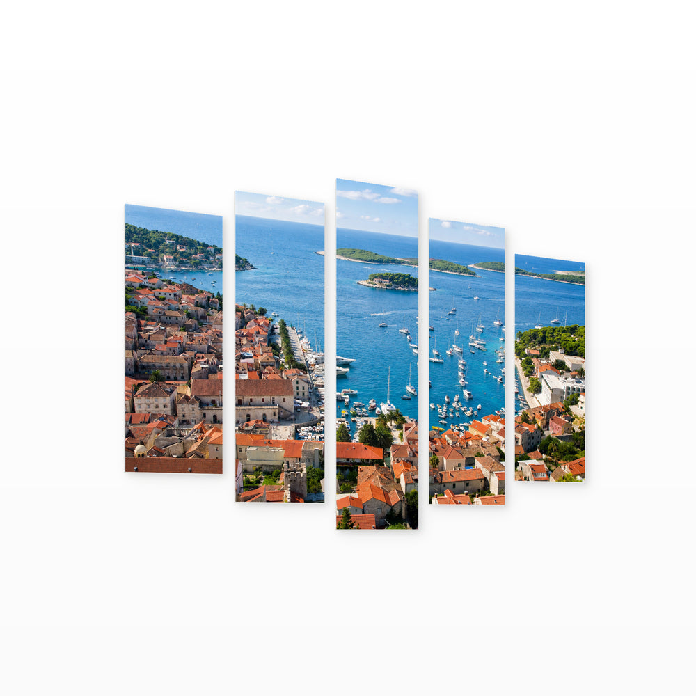 Hvar and Surrounding Islands in Serene Light — five-panel wall art on white background in perspective | 5wallart 56103 M1
