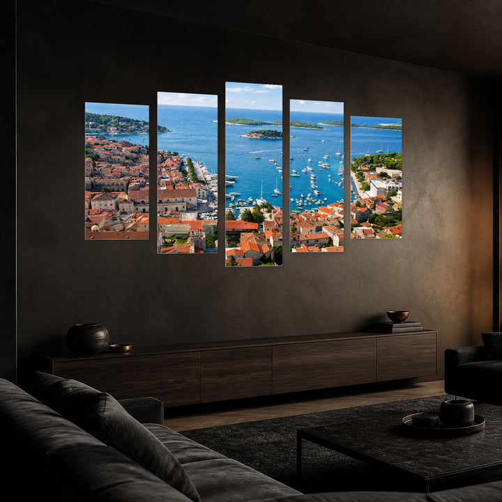 Hvar and Surrounding Islands in Serene Light — five-panel wall art in perspective interior | 5wallart 56103 M2