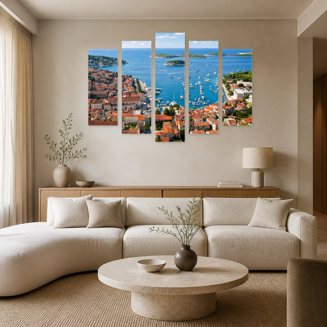 Hvar and Surrounding Islands in Serene Light — five-panel wall art in frontal interior | 5wallart 56103 M3