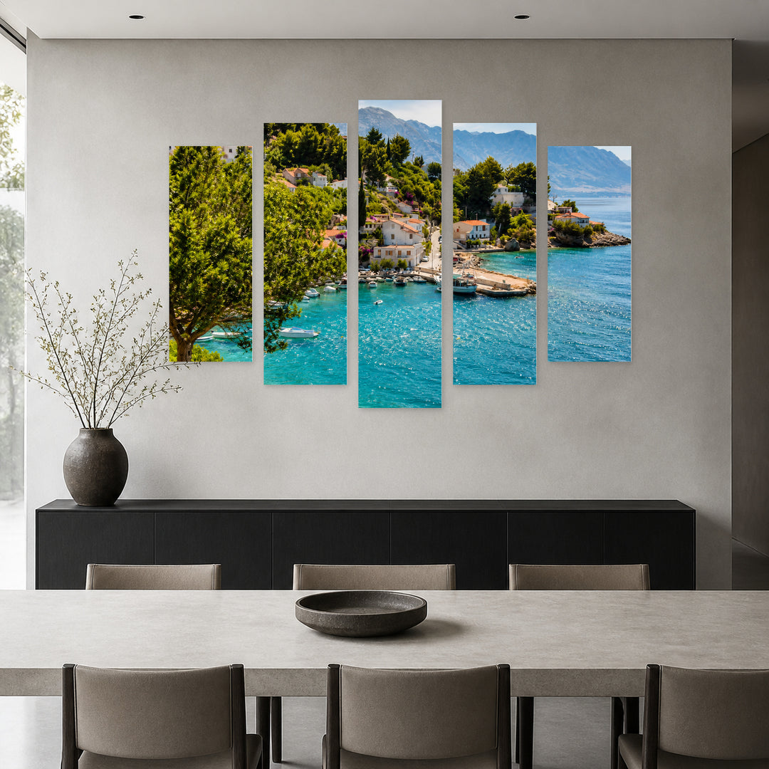 Adriatic Bay in Serene Light — five-panel wall art in frontal interior | 5wallart 56104 M3