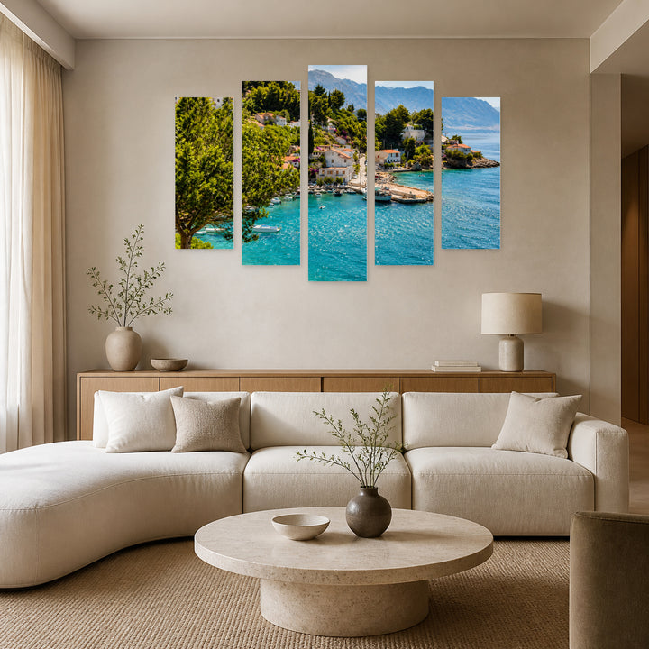 Adriatic Bay in Serene Light — five-panel wall art in alternate frontal interior | 5wallart 56104 M4