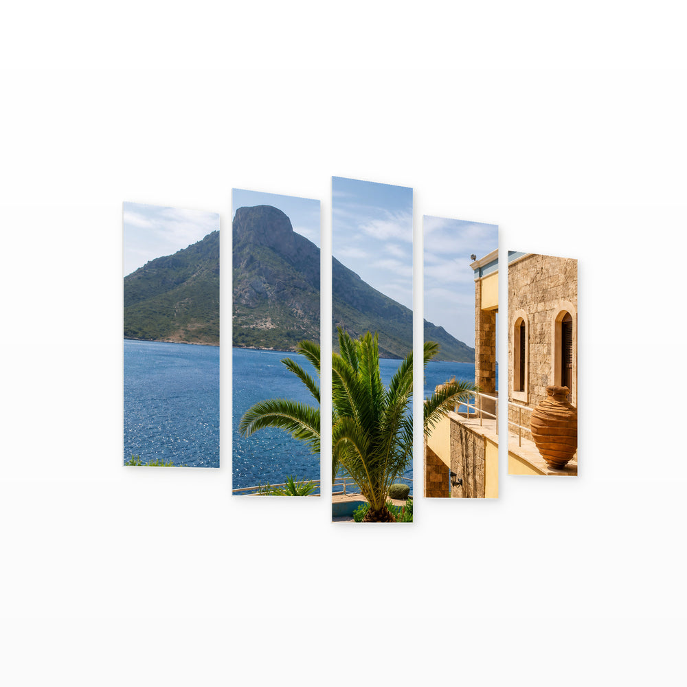 Distant Greek Island with Dreamlike Atmosphere — five-panel wall art on white background in perspective | 5wallart 56105 M1