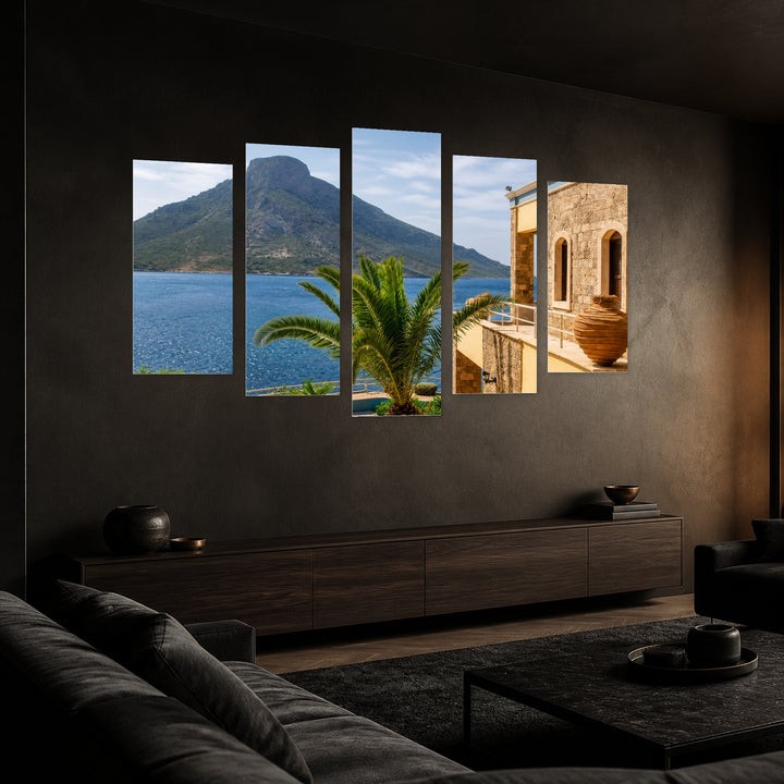 Distant Greek Island with Dreamlike Atmosphere — five-panel wall art in perspective interior | 5wallart 56105 M2