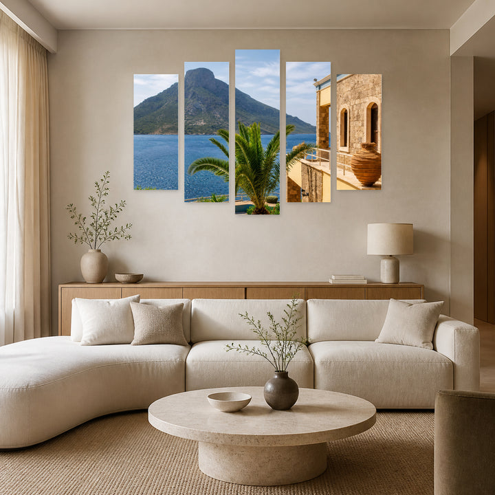 Distant Greek Island with Dreamlike Atmosphere — five-panel wall art in frontal interior | 5wallart 56105 M3