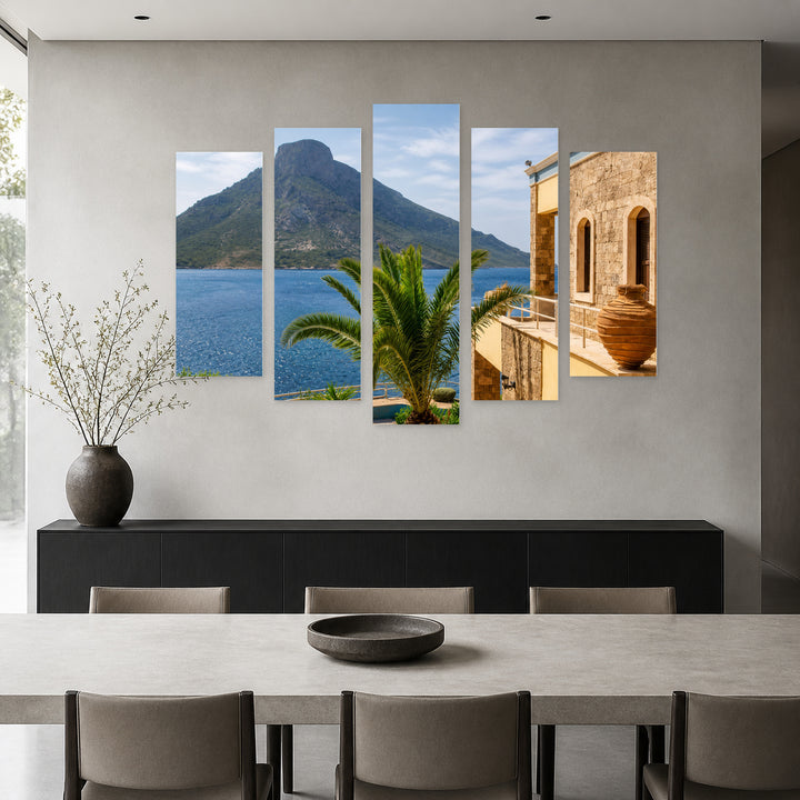 Distant Greek Island with Dreamlike Atmosphere — five-panel wall art in alternate frontal interior | 5wallart 56105 M4
