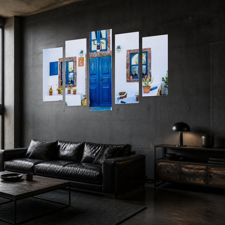 Blue Door in Vivid Color — five-panel wall art in perspective interior | 5wallart 56106 M2
