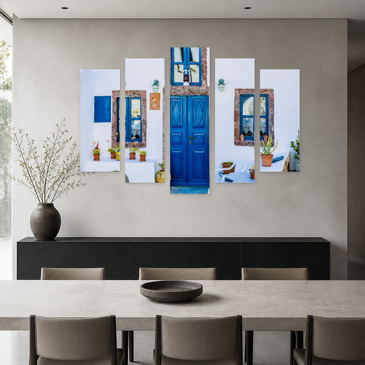 Blue Door in Vivid Color — five-panel wall art in frontal interior | 5wallart 56106 M3