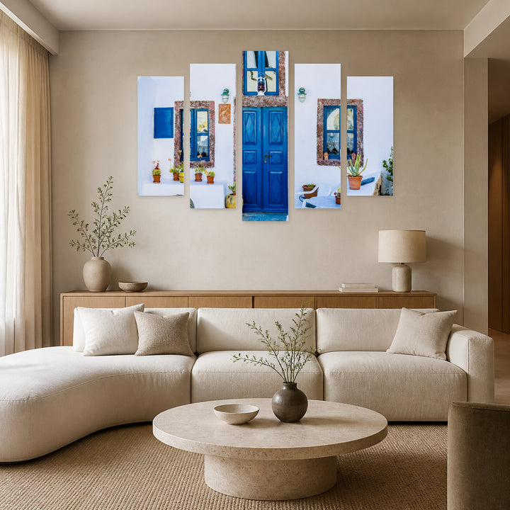 Blue Door in Vivid Color — five-panel wall art in alternate frontal interior | 5wallart 56106 M4