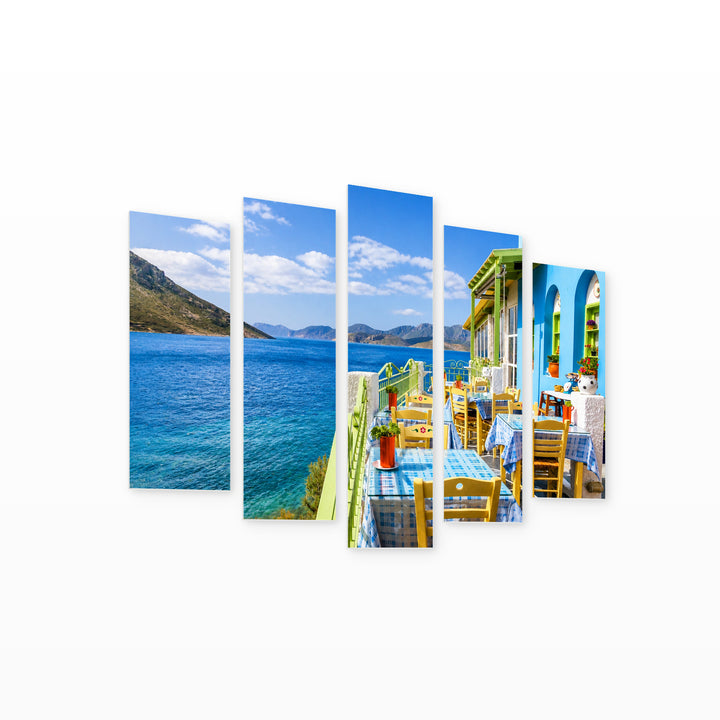 Colorful Greek Restaurant Coastal Panorama — five-panel wall art on white background in perspective | 5wallart 56107 M1