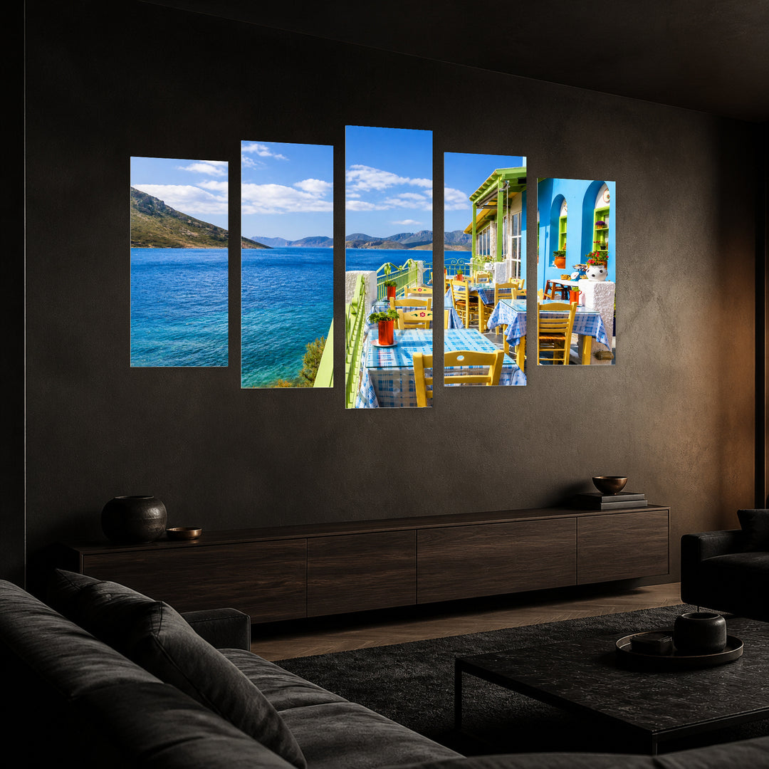 Colorful Greek Restaurant Coastal Panorama — five-panel wall art in perspective interior | 5wallart 56107 M2