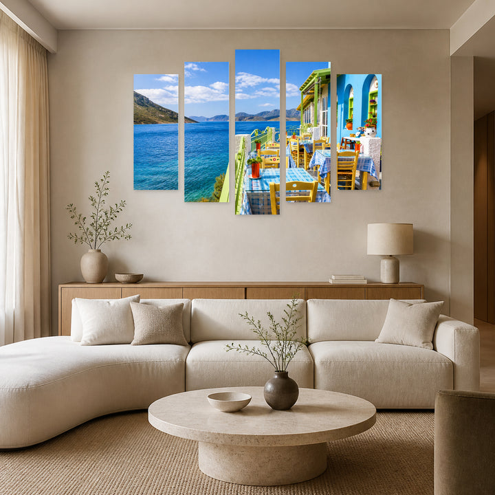 Colorful Greek Restaurant Coastal Panorama — five-panel wall art in frontal interior | 5wallart 56107 M3