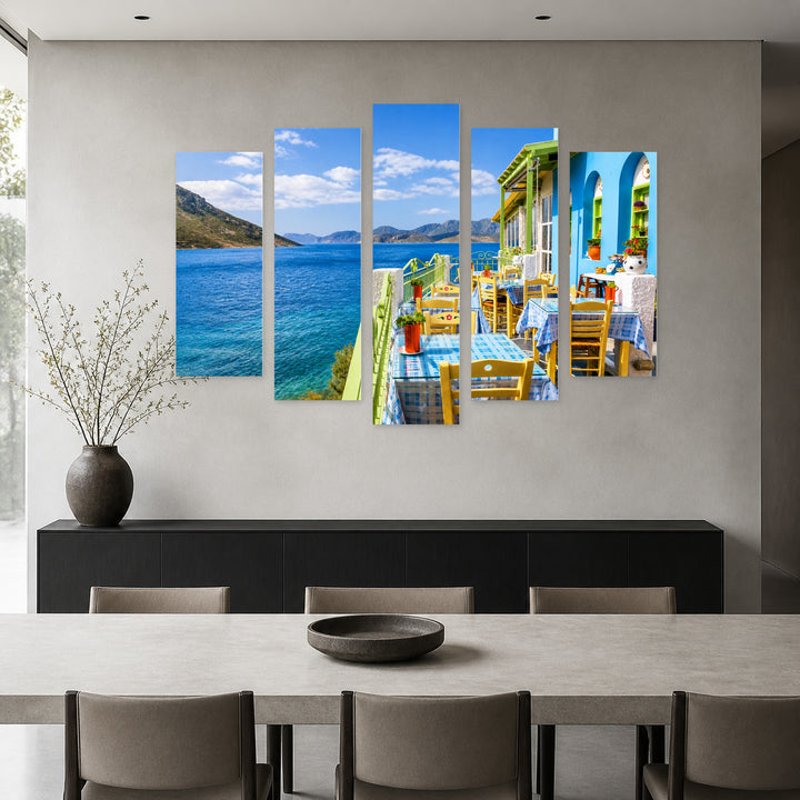 Colorful Greek Restaurant Coastal Panorama — five-panel wall art in alternate frontal interior | 5wallart 56107 M4